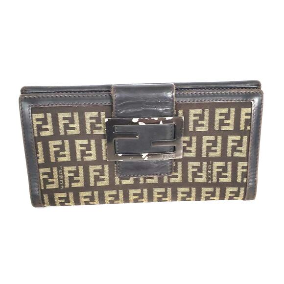 Fendi Zucca Vintage Wallet Canvas Leather Wallet Brown Purse Trifold Large Logo - Picture 1 of 13